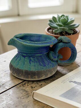 Vintage Studio Pottery Blue Turquoise Creamer Pitcher Shell Handle - Signed